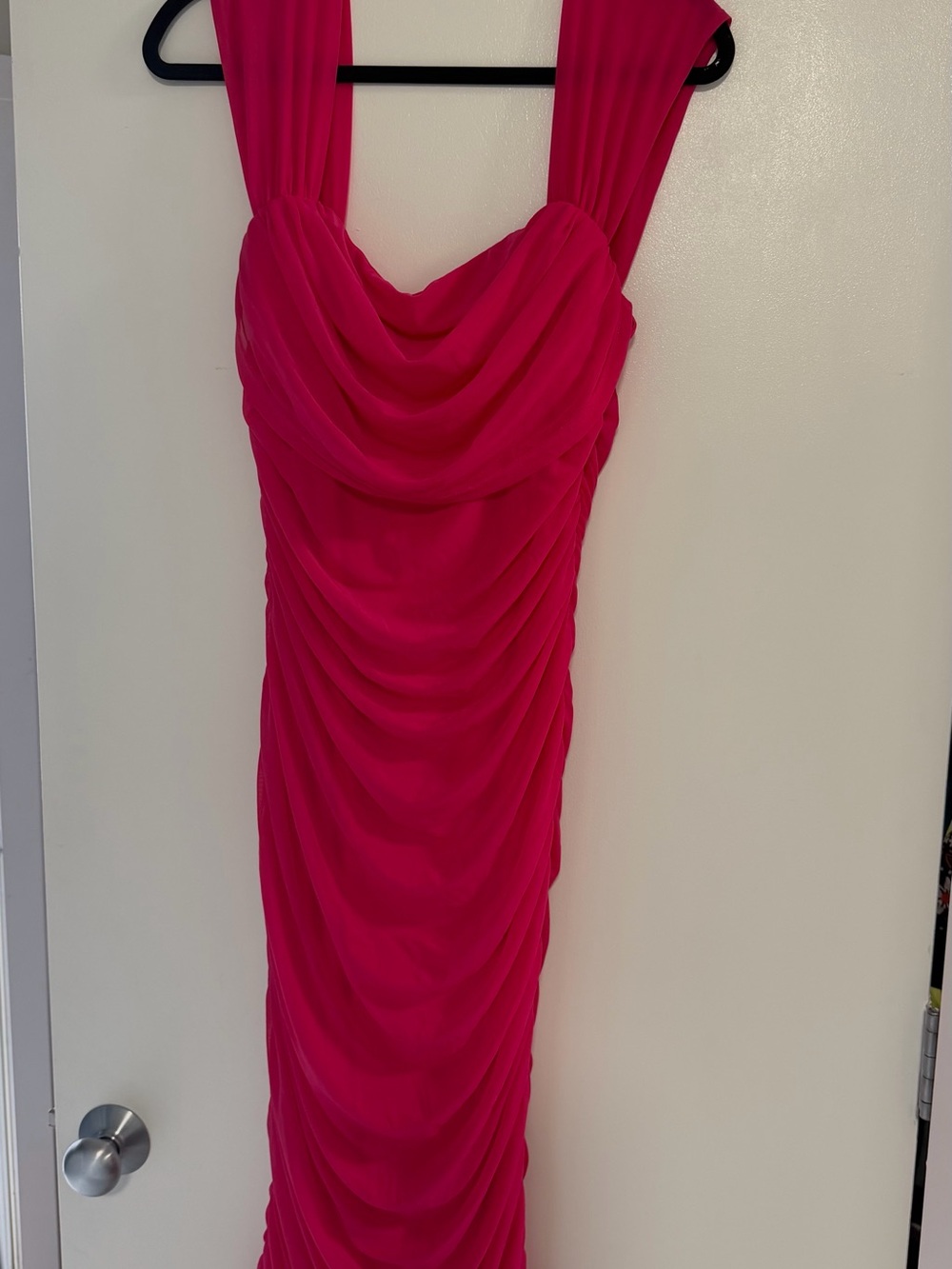 Ruched Fuchsia Midi Dress with Draped Neckline